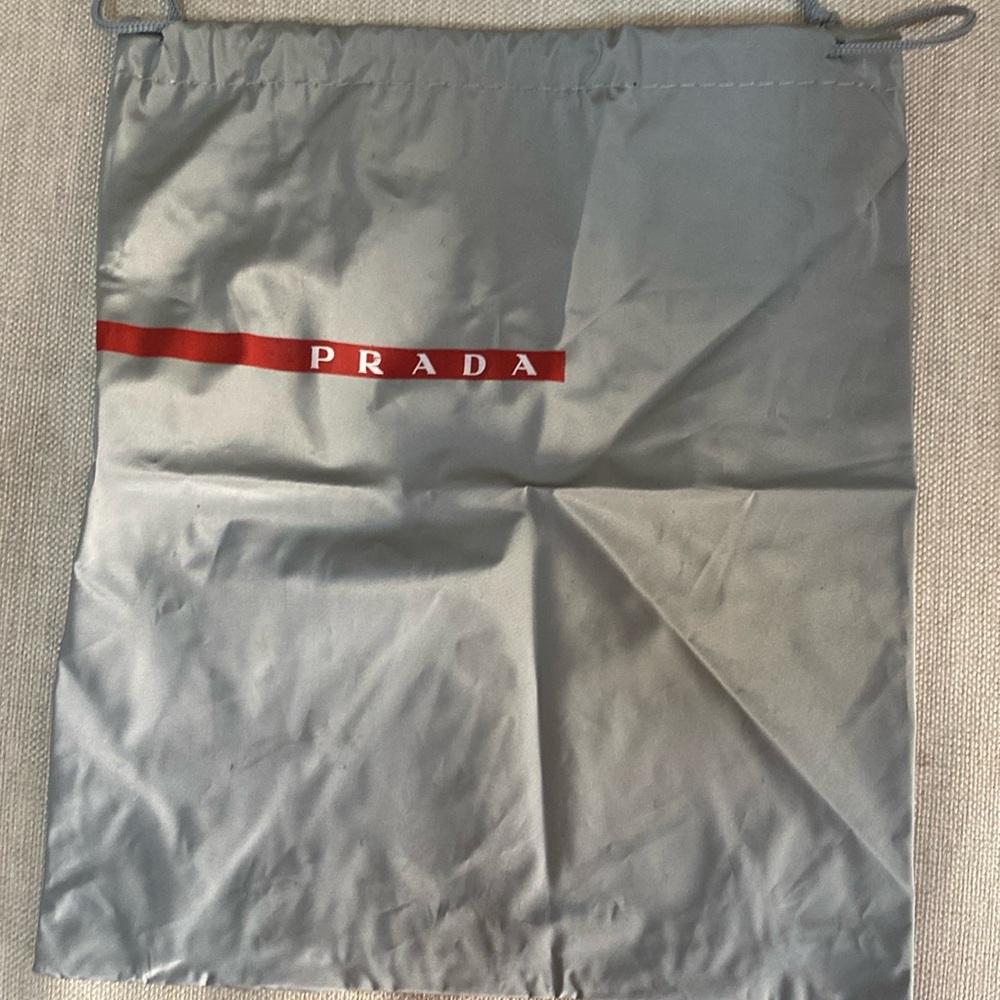 PRADA drawstring dust bag shoe or purse 9.25” by -11” gray red nylon